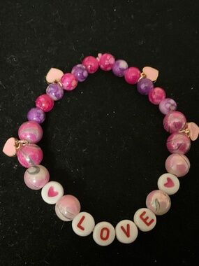 Handmade LOVE Stretch Bracelet-Pink & Purple-4 Heart Charms-5"